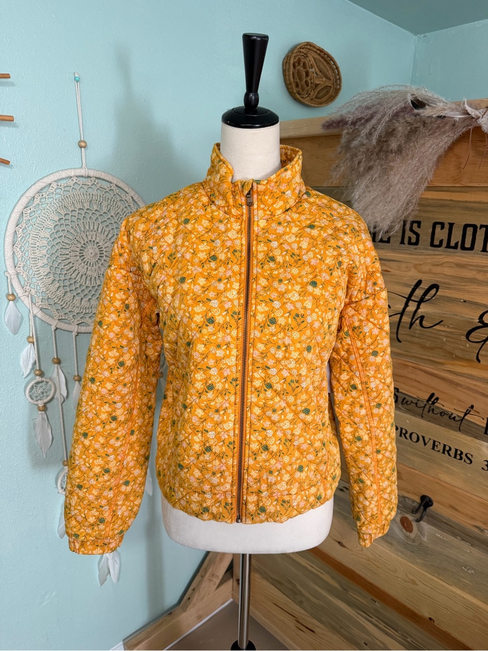 Sonoma Quilted Floral Puffer Jacket in Mustard Yellow